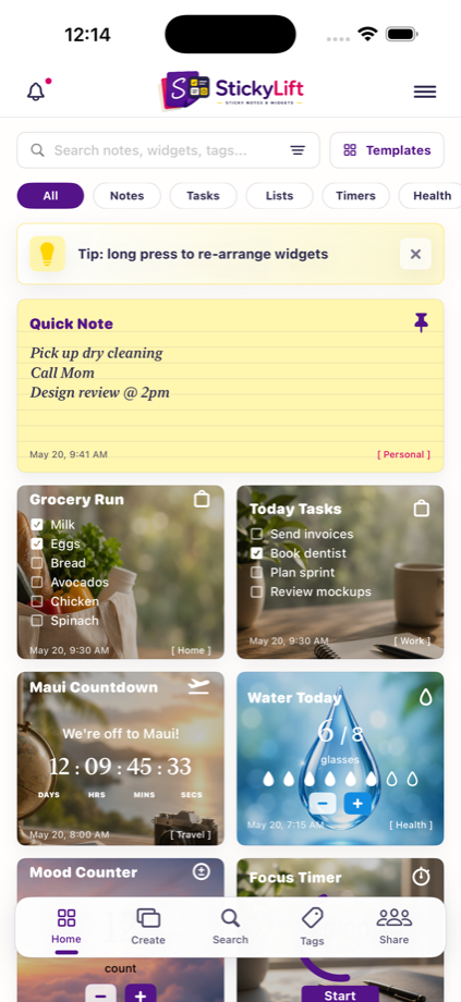 StickyLift iPhone widget board