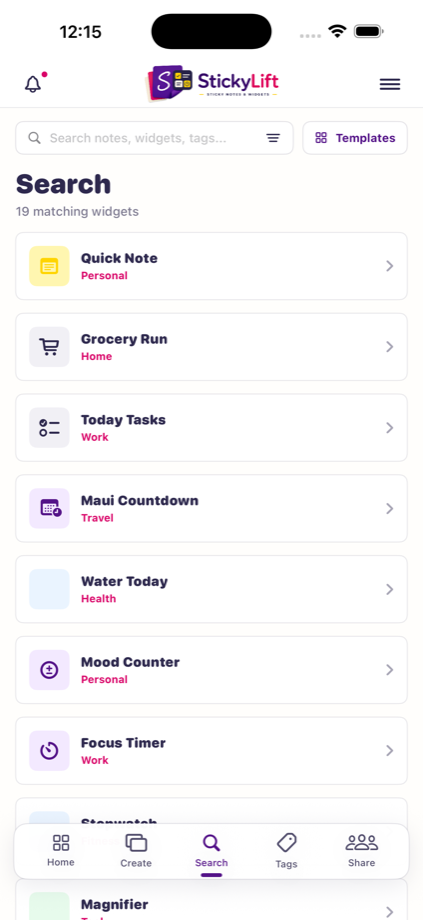 StickyLift widget customization screen