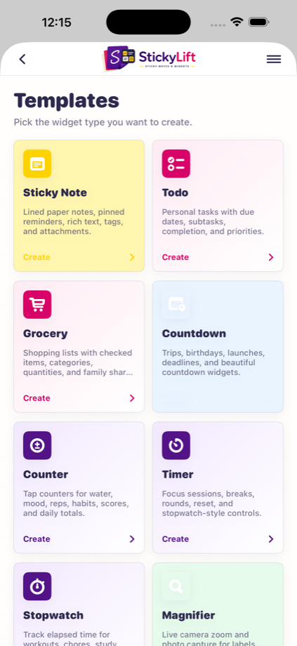 StickyLift template picker screen